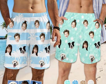 Custom Photo Beach Shorts for Dad, Personalized Kid & Pet Face Swim Trunks, Striped Palm Tree Swimwear, Father's Day Summer Gift for Husband