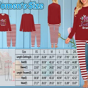 May include: Red and white striped pajamas with long sleeves and pants. The top has a festive Easter design with the text "2025 Family Easter Gracia". A size chart is included with measurements in inches.