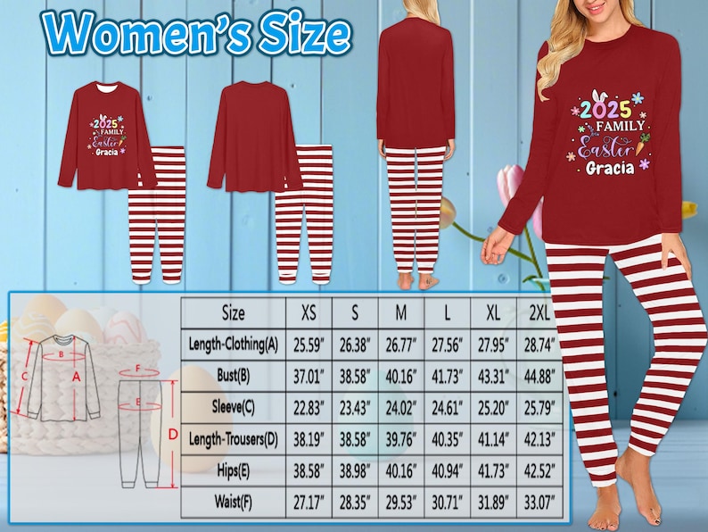May include: Red and white striped pajamas with long sleeves and pants. The top has a festive Easter design with the text "2025 Family Easter Gracia". A size chart is included with measurements in inches.