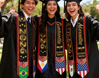 Custom Mixed Flag Graduation Stole, Personalized Mexico USA Sash With Name, Class of 2026 Heritage Stole