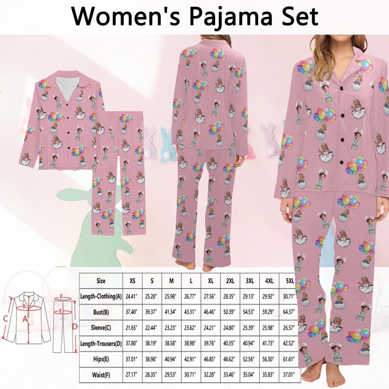 Puede incluir: Conjunto de pijama rosa con un patr&oacute;n repetido de un beb&eacute; en un huevo con globos. El conjunto incluye una camisa con botones y pantalones. La imagen tambi&eacute;n muestra una tabla de tallas con medidas en cm.