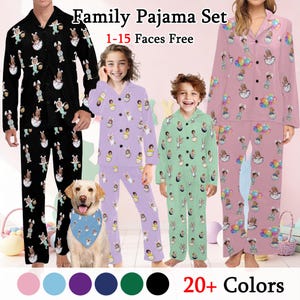 Puede incluir: Conjuntos de pijama familiar en negro, lavanda, verde menta y rosa, con un patr&oacute;n repetido de personajes de dibujos animados con disfraces de conejito. El texto "Family Pajama Set" y "1-15 Faces Free" se muestran en la parte superior. La esquina inferior derecha muestra "20+ Colors".