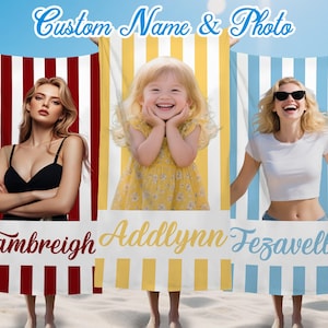 Toalla de playa a rayas personalizada para niños y adultos, toalla de piscina con nombre personalizado y foto para niñas, mujeres y hombres, toalla de baño suave con logotipo, regalo de equipo.