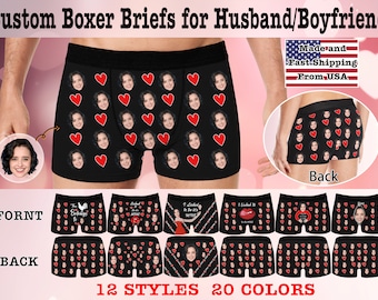 May include: Custom boxer briefs with a black background and red hearts. The briefs feature a repeating pattern of a person's face. The text "FORNT" and "BACK" are visible at the bottom of the image. The text "12 STYLES 20 COLORS" is visible at the bottom of the image.
