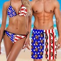 Custom Face American Flag Swimsuits, Patriotic 4th of July Bikinis & Trunks