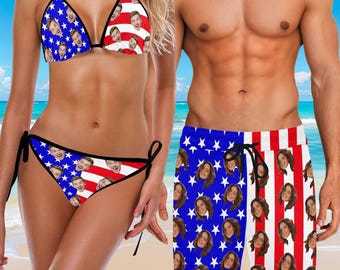 Custom Face American Flag Swimsuits, Patriotic 4th of July Bikinis & Trunks