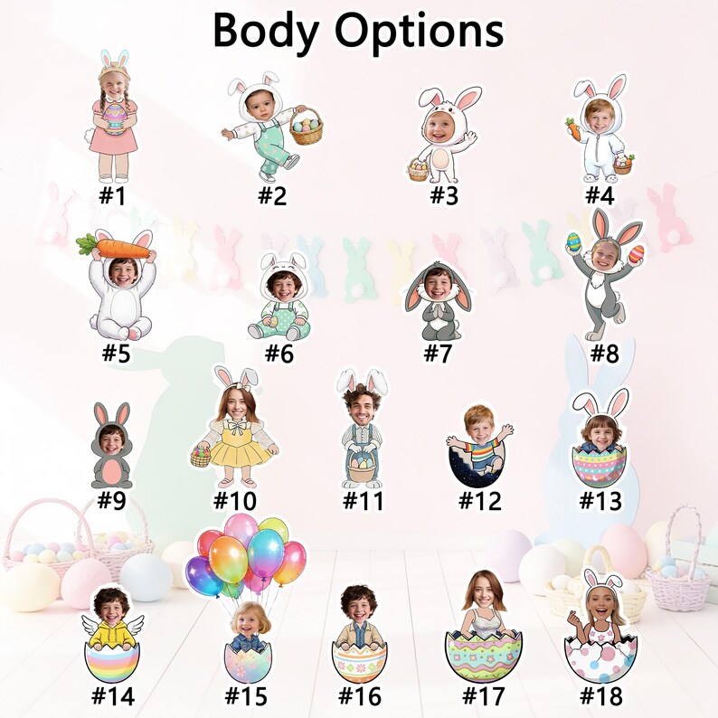Puede incluir: Una colecci&oacute;n de recortes con tem&aacute;tica de Pascua que representan a ni&ntilde;os y adultos disfrazados de conejitos o con atuendos relacionados con la Pascua. La imagen incluye el texto "Body Options" y n&uacute;meros del #1 al #18.