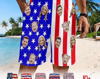 Custom Face USA Flag Beach Shorts | Personalized Independence Day Photo Swim Trunks S-5XL,Family Kid Dog Faces USA Patriotic Gift for Men