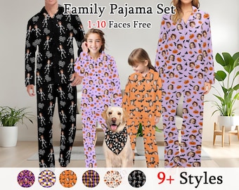 May include: Family pajama sets with various Halloween-themed patterns, including skeletons, faces, pumpkins, and bats. The sets are available in multiple styles and feature the text "Family Pajama Set 1-10 Faces Free" and "9+ Styles".