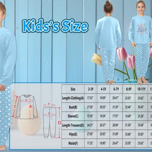 May include: A size chart for kids' clothing with measurements in inches. The chart shows the length of clothing, bust, sleeve, length of trousers, hips, and waist for sizes 2-3Y to 14-15Y.
