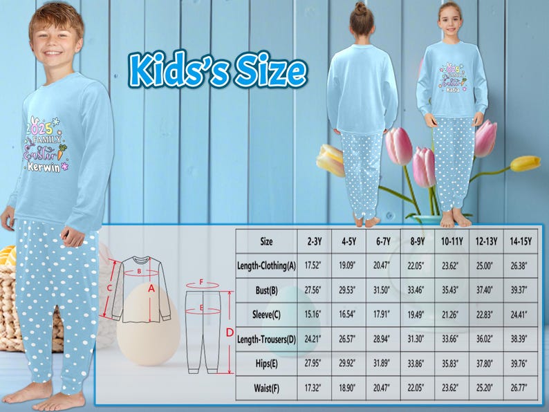 May include: A size chart for kids' clothing with measurements in inches. The chart shows the length of clothing, bust, sleeve, length of trousers, hips, and waist for sizes 2-3Y to 14-15Y.