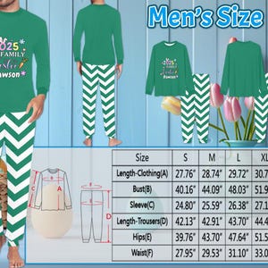 May include: Green and white striped pajamas with long sleeves and pants. The shirt has a graphic print that says "2025 Family Easter Dawson". A size chart is included with measurements in inches.