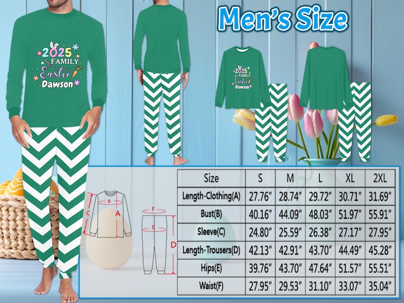 May include: Green and white striped pajamas with long sleeves and pants. The shirt has a graphic print that says "2025 Family Easter Dawson". A size chart is included with measurements in inches.