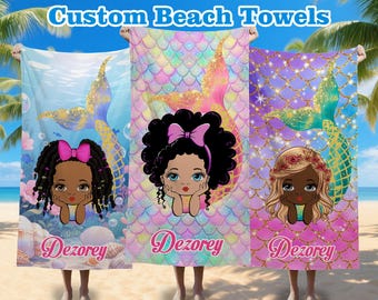 Personalized Mermaid Beach Towel: Afro Girl, Custom Name, USA Made