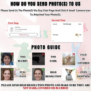 Puede incluir: Una gu&iacute;a sobre c&oacute;mo enviar fotos a trav&eacute;s del chat de Etsy. La imagen muestra los pasos, incluyendo hacer clic en el icono de la c&aacute;mara. Tambi&eacute;n proporciona ejemplos de calidad de fotos, incluyendo fotos que son demasiado borrosas, oscuras o cubiertas. El texto dice: "Por favor, env&iacute;a fotos de alta resoluci&oacute;n y aseg&uacute;rate de que no est&eacute;n oscuras, cubiertas o borrosas."