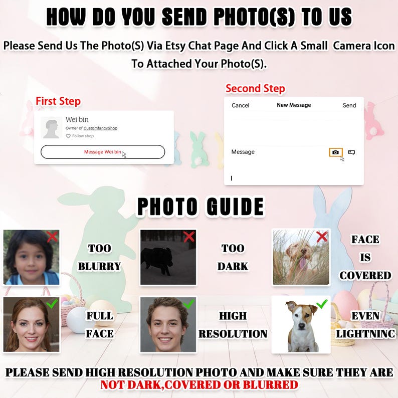 Puede incluir: Una gu&iacute;a sobre c&oacute;mo enviar fotos a trav&eacute;s del chat de Etsy. La imagen muestra los pasos, incluyendo hacer clic en el icono de la c&aacute;mara. Tambi&eacute;n proporciona ejemplos de calidad de fotos, incluyendo fotos que son demasiado borrosas, oscuras o cubiertas. El texto dice: "Por favor, env&iacute;a fotos de alta resoluci&oacute;n y aseg&uacute;rate de que no est&eacute;n oscuras, cubiertas o borrosas."
