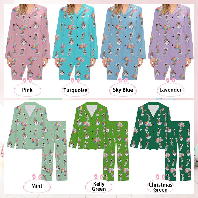 Puede incluir: Conjuntos de pijama en varios colores: rosa, turquesa, azul cielo, lavanda, menta, verde Kelly y verde navide&ntilde;o. Cada conjunto presenta una camisa con botones y pantalones a juego, adornados con un patr&oacute;n de conejito y globos.