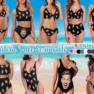 May include: A collection of nine different styles of black swimsuits, each featuring a repeating pattern of a face. The swimsuits include bikinis and one-piece designs. The text "Custom Face Swimsuits" is displayed in a blue banner.
