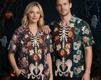 Custom Face Skeleton Hawaiian Shirt, Personalized Photo Floral Button-Down Halloween Gift