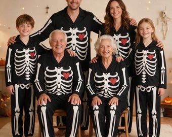 Custom Skeleton Pajama Set, Personalized Halloween Spooky V‑Neck PJs for Matching Family Pants