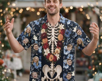 Custom Face Skeleton Hawaiian Shirt, Floral Ribcage Halloween Button Down (Men's/Women's)