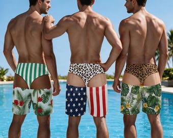 Funny Fake Butt Swim Trunks for Men, Custom Men's Beach Shorts, Personalized Leopard Novelty Swimwear, Gag Bachelor Party Gift for Guys
