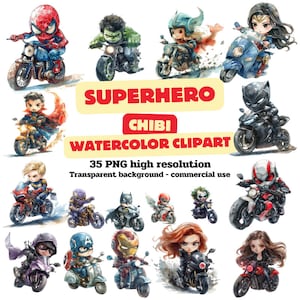 Super-héros Marvel et DC Chibi, aquarelle sur motos, cadeau de décoration d'intérieur de style dessin animé pour les fans de super-héros