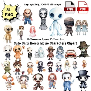31 Cute Chibi Horror Movie Characters Clipart - Halloween PNG, Digital Download, Commercial Use, 300 DPI, Spooky Halloween Art