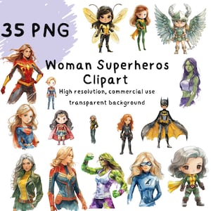 Ensemble de clipart femmes super-héros - 35 PNG haute résolution, usage commercial, fond transparent