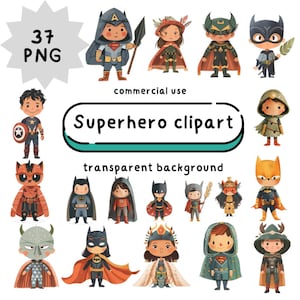 Superhero Clipart Set - 37 PNG Images, Transparent Background, Commercial Use, Cute Kids Superhero Illustrations