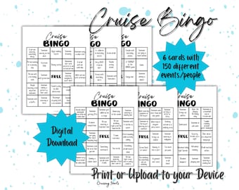 Bingo na rejsie, Atrakcje na rejsie, 6 kart bingo, Do druku lub w wersji cyfrowej, Wakacje na rejsie, Podróże, Format US Letter, A4, A5