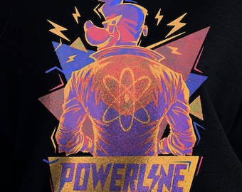 May include: Black sweatshirt with a colorful graphic print of a cartoon character with a lightning bolt and the text "POWERLINE".