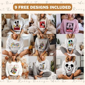 以下が含まれることがあります： ミッキーマウス、フレンズのキャラクター、その他の漫画風の画像など、それぞれ異なるグラフィックが施された9種類のスウェットシャツのデザインが表示されています。スウェットシャツは、白、グレー、ピンクなど、さまざまな色があります。