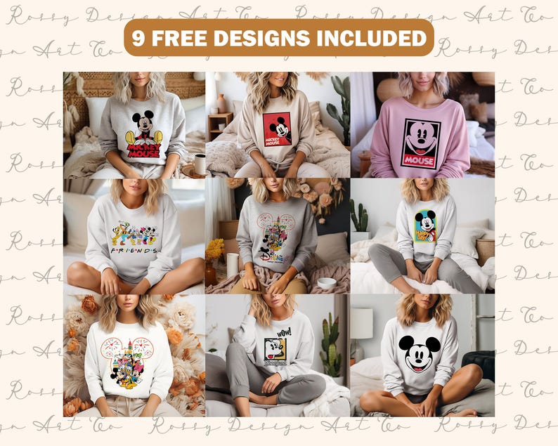 Puede incluir: Se muestran nueve dise&ntilde;os diferentes de sudaderas, cada uno con un gr&aacute;fico diferente. Los dise&ntilde;os incluyen a Mickey Mouse, personajes de Friends y otras im&aacute;genes de estilo de dibujos animados. Las sudaderas son de varios colores, incluyendo blanco, gris y rosa.