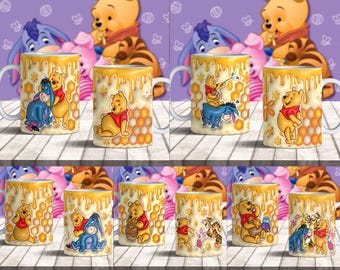 くまのプーさん PNG マグカップデザイン、昇華用デジタルダウンロード、高品質 300dpi 透明背景、インスタントダウンロード
