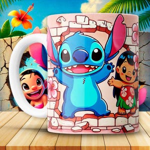 Stitch-mugg PNG-design, tropisk 3D-tecknad stil, Lilo & Stitch-sublimeringsfil, rolig utskrivbar muggomslag, digital nedladdning direkt nedladdning bild 1