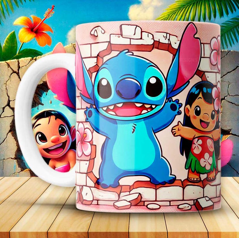Stitch-mugg PNG-design, tropisk 3D-tecknad stil, Lilo & Stitch-sublimeringsfil, rolig utskrivbar muggomslag, digital nedladdning direkt nedladdning bild 1