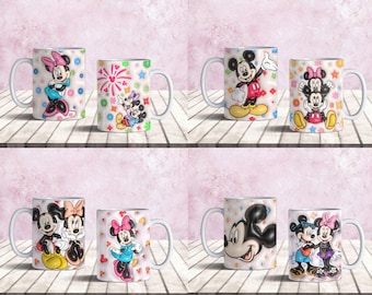ミッキー&ミニーPNGマグカップデザイン、昇華用デジタルダウンロード、高品質300dpi透明背景、インスタントダウンロード、昇華