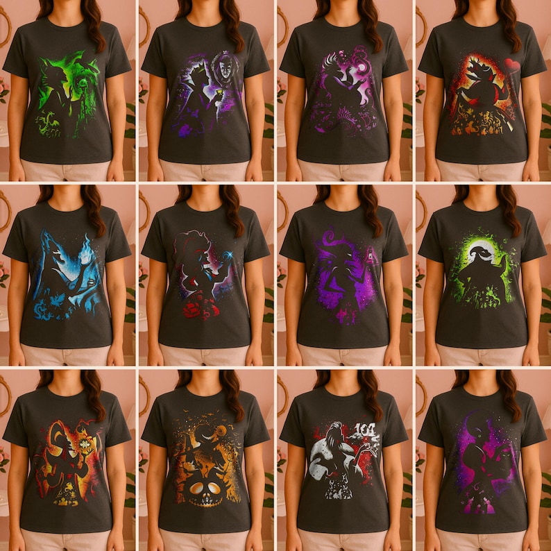 Puede incluir: Una colecci&oacute;n de camisetas de color gris oscuro, cada una con un dise&ntilde;o gr&aacute;fico diferente. Los dise&ntilde;os incluyen siluetas de personajes en varios colores como verde, morado, azul, rojo y naranja. Las camisetas son de manga corta y parecen estar hechas de un material suave.
