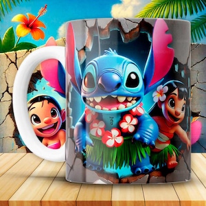 May include: A white ceramic mug with a colourful illustration of Stitch and Lilo. The mug depicts Stitch wearing a lei and Lilo with a flower in her hair, set against a tropical backdrop. The handle also features Lilo.