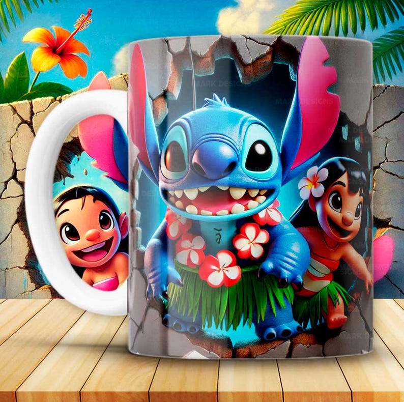 May include: A white ceramic mug with a colourful illustration of Stitch and Lilo. The mug depicts Stitch wearing a lei and Lilo with a flower in her hair, set against a tropical backdrop. The handle also features Lilo.