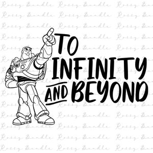 Op de afbeelding: Een zwart-witte illustratie van een cartoon-ruimtereiziger die naar boven wijst met de tekst "To Infinity and Beyond" in zwart.
