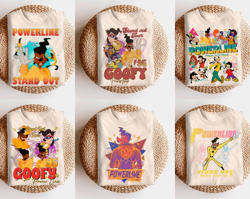 May include: Six beige t-shirts with colorful cartoon graphics featuring Goofy and the Powerline characters. The shirts have the text "Powerline", "Stand Out Tour", "Goofy", and "$95" printed on them.