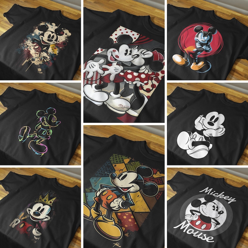 May include: Nine different black t-shirts with various Mickey Mouse designs. The designs include Mickey Mouse with Minnie Mouse, Mickey Mouse with a crown, Mickey Mouse with a retro design, and Mickey Mouse with a colorful design.