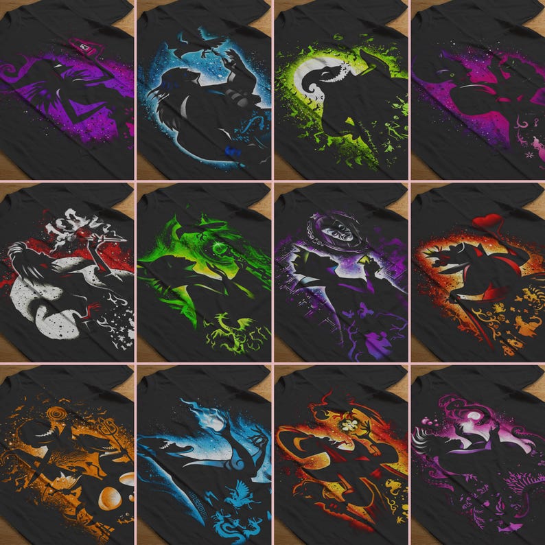 Puede incluir: Una colecci&oacute;n de camisetas negras con dise&ntilde;os de siluetas coloridas de varios personajes. Cada camiseta muestra un personaje diferente con vibrantes acentos de morado, azul, verde, rojo y naranja. Los dise&ntilde;os son detallados y art&iacute;sticos, ideales para fans de la fantas&iacute;a.