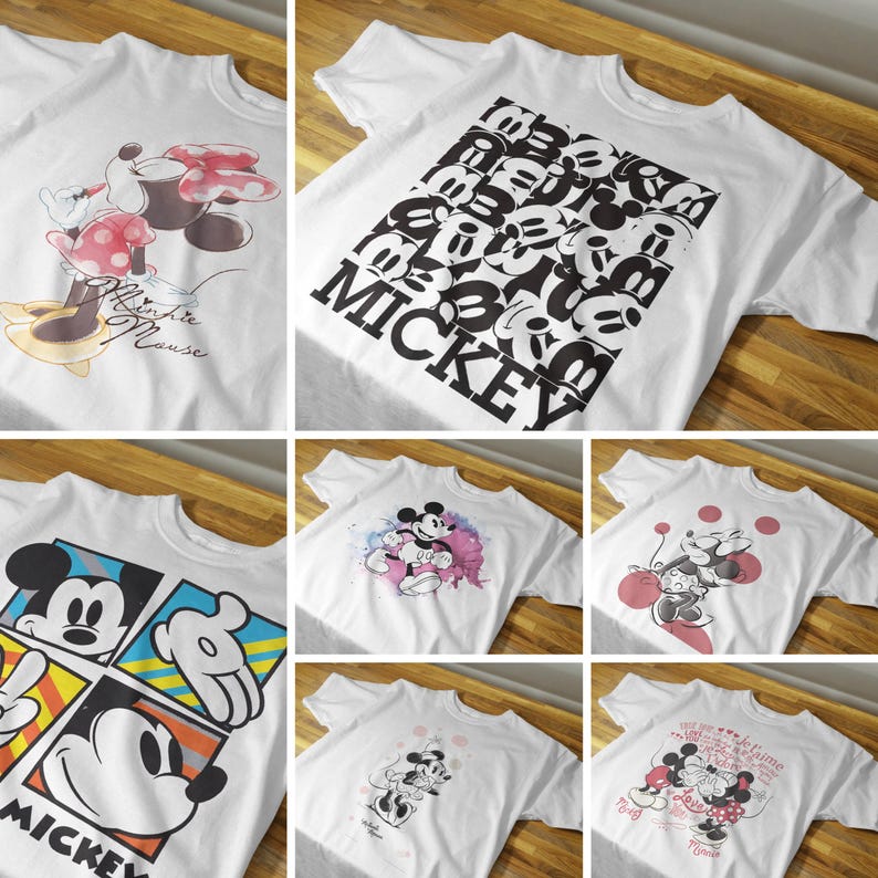 May include: A set of ten white t-shirts with different Mickey Mouse designs. The designs include Mickey Mouse with Minnie Mouse, Mickey Mouse with watercolor accents, and Mickey Mouse with text.