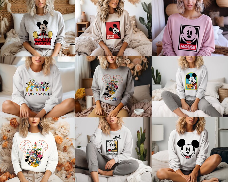 Op de afbeelding: Een verzameling van negen verschillende Mickey Mouse-sweatshirts. De sweatshirts zijn allemaal wit, grijs of roze en hebben verschillende Mickey Mouse-ontwerpen, waaronder een klassieke Mickey Mouse-kop, een Mickey Mouse met de woorden "Mickey Mouse" eronder en een Mickey Mouse met de woorden "Friends" eronder.