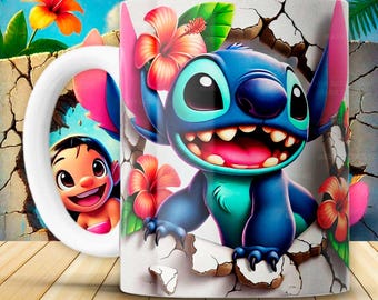 スティッチマグPNGデザイン、3Dトロピカルカートゥーンスタイル、リロ＆スティッチ昇華ファイル、面白い印刷可能なカップラップ、デジタルダウンロード即時ダウンロード