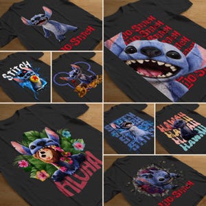 Puede incluir: Camisetas negras con varios diseños de Stitch. Los diseños incluyen a Stitch con los textos "NO STITCH", "STITCH" y "ALOHA". El personaje se representa en varias poses.