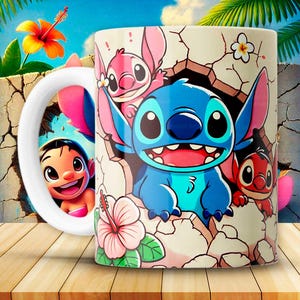 May include: White ceramic mug featuring a colorful cartoon design of Stitch and other characters. The mug has a white handle and a vibrant illustration of the characters in a tropical setting with flowers and palm leaves.